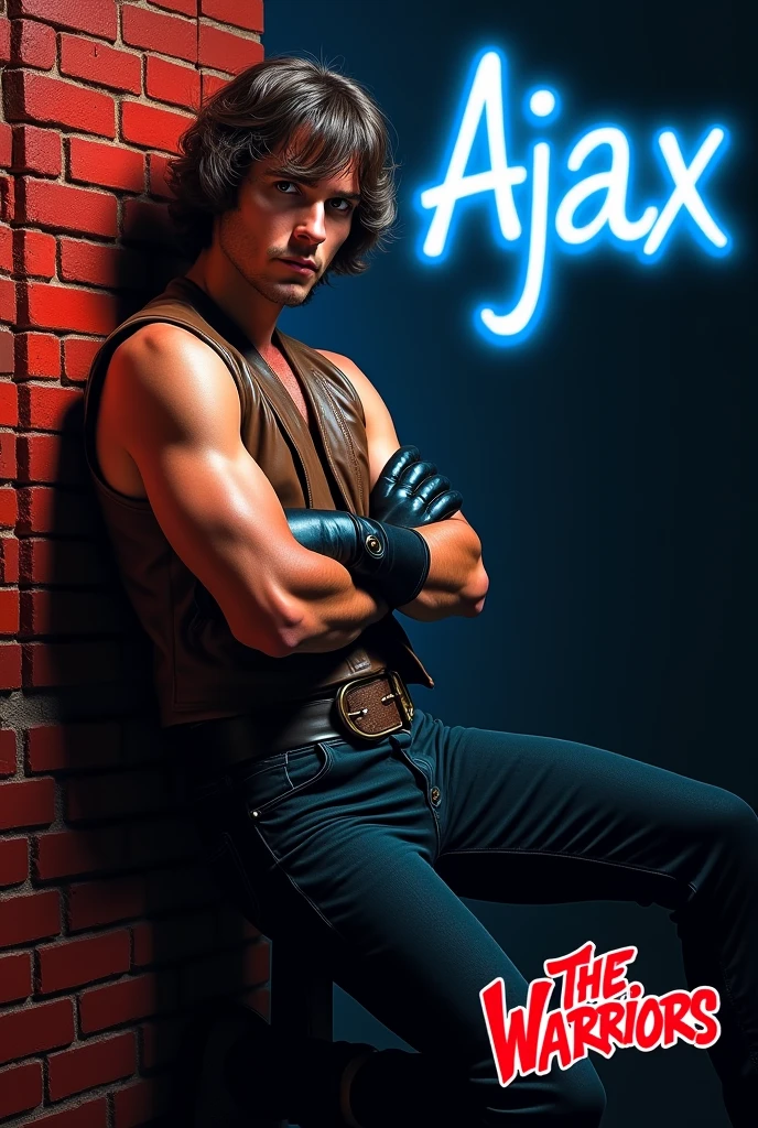 film The Warriors 1979 Stylized poster featuring a man (James Remar) leaning against a red brick wall. The man has white skin, shoulder-length hair and a dark gigachad face with a serious expression. He is wearing a sleeveless brown leather vest, classic retro black genuine leather gloves, middle finger gloves, a black belt with a large buckle and dark pants. His arms are crossed with his foot resting on the wall. The background is a dark blue to black gradient, transitioning into the red brick wall. The word 'AJAX' is displayed in bright blue neon letters in the top right corner. In the bottom right corner there is a logo
red color, with the text in red graffiti style font ‘The Warriors’