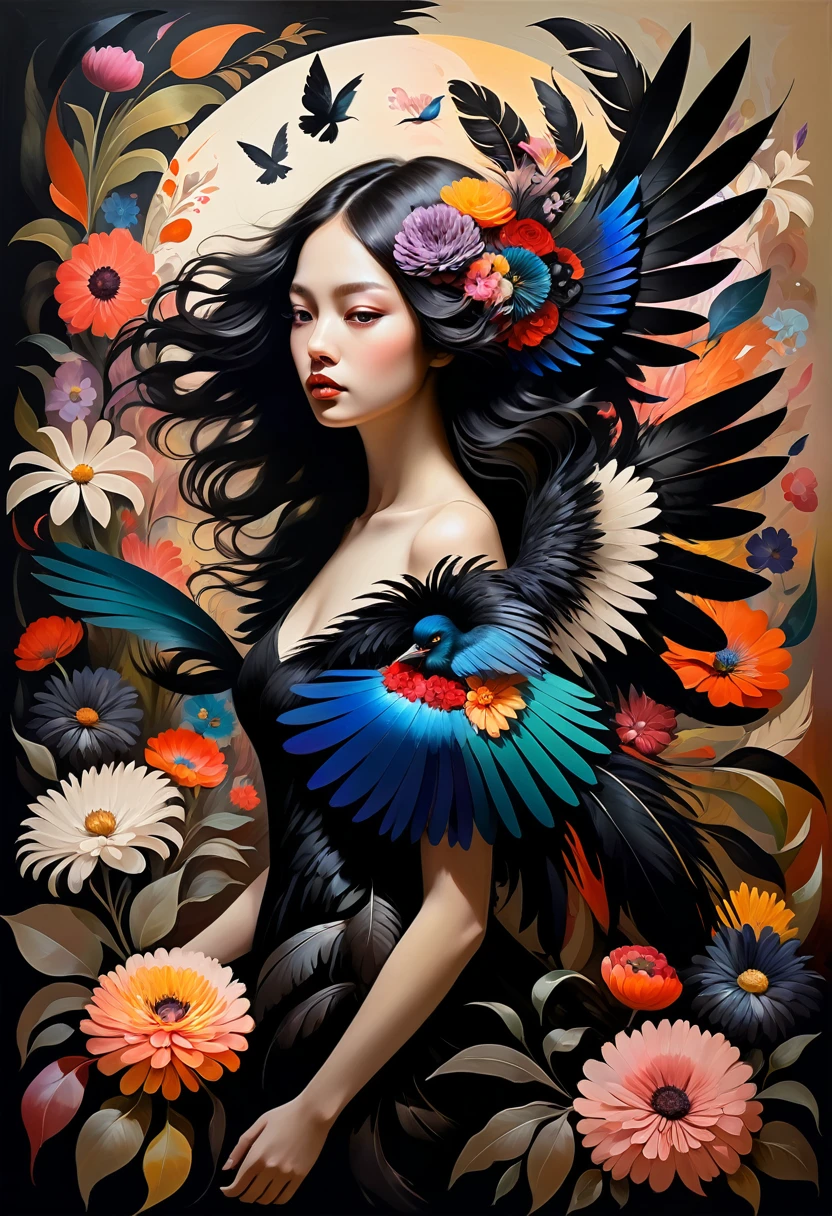 (Sensual illustration chiaroscuro), Illustration art, By Irina Kapi. Surrealism, Vintage Abstraction,  (Girl with black wings), (少女が飛んでいるPainting:1.2), Esbian all over body、Woman with black feathers, Big feather、Flying like a bird、Colorful flower garden background、Highest quality, masterpiece, Ultra high definition、Painting, Concept Art, Emotional, Atmospheric, Romantic aesthetics, Represents transformation and the ability to see beyond the surface、Ultra high definition、(deep, Delicate colors) paint (draw) 、最高masterpiece、Highest quality、