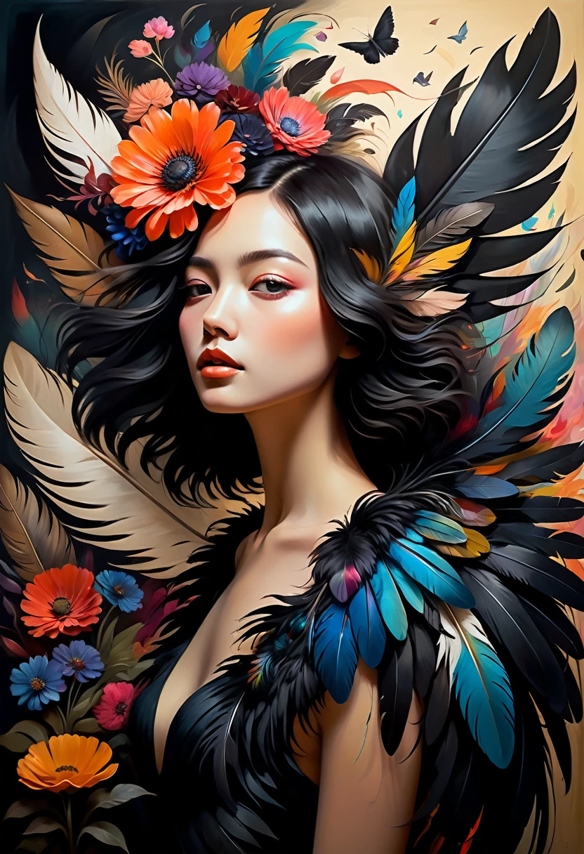 (Sensual illustration chiaroscuro), Illustration art, By Irina Kapi. Surrealism, Vintage Abstraction,  (Girl with black wings), (少女が飛んでいるPainting:1.2), Esbian all over body、Woman with black feathers, Big feather、Flying like a bird、Colorful flower garden background、Highest quality, masterpiece, Ultra high definition、Painting, Concept Art, Emotional, Atmospheric, Romantic aesthetics, Represents transformation and the ability to see beyond the surface、Ultra high definition、(deep, Delicate colors) paint (draw) 、最高masterpiece、Highest quality、