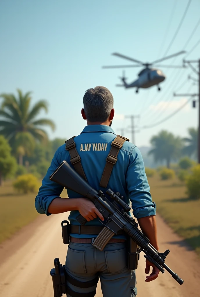A make a hyper realistic image a 1 man playing pubg on roard the character wearing blue jacket , ajay yadav name on the jaket, the character holding m416 gum, wearing bag , helicopter in the sky , in background pubg