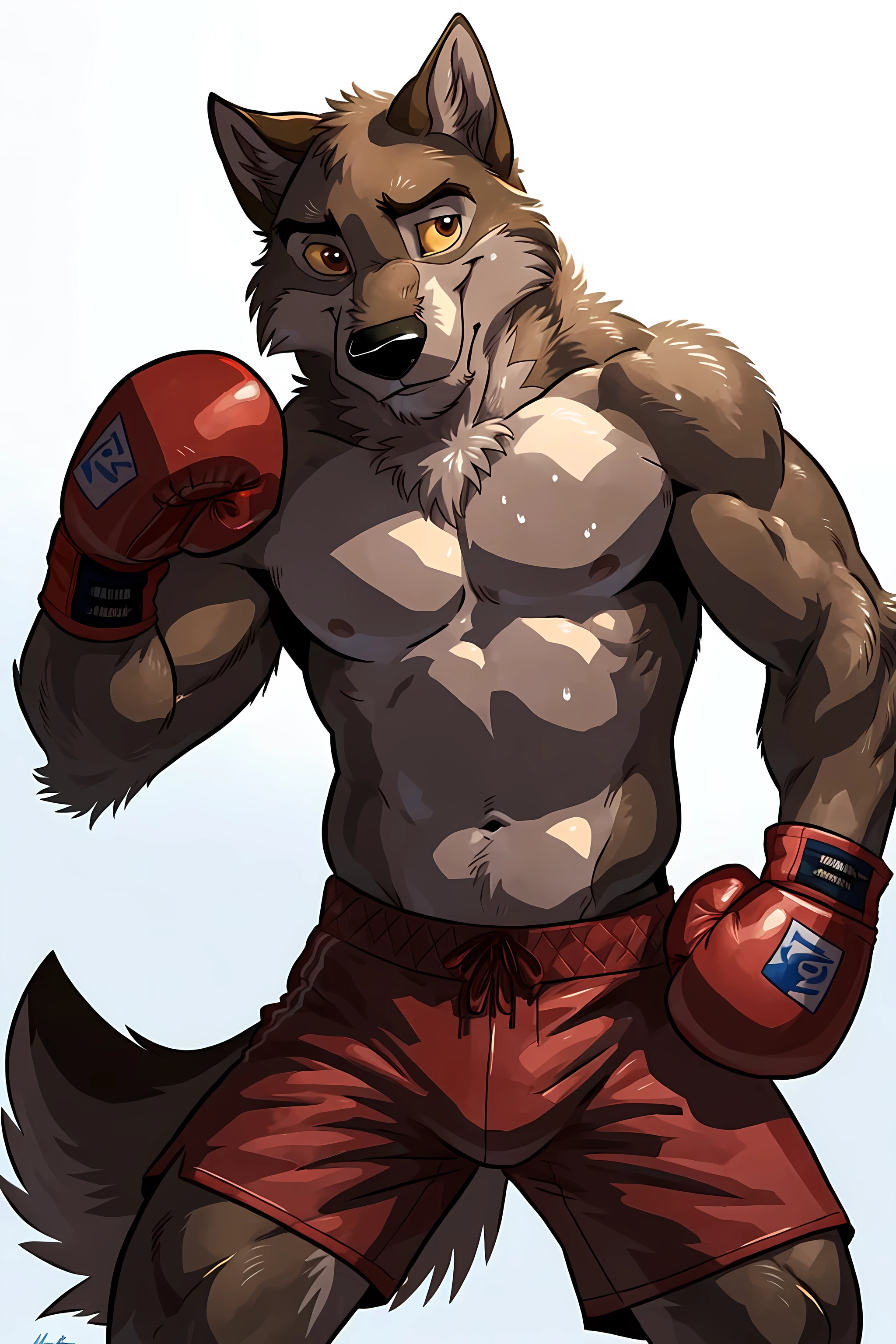 balto, baltowd, brown eyes, yellow sclera, solo, detailed, detailed face, detailed eyes, anthro body, black lineart, black outline, male, masculine, adult, muscular body, cartoon shading, confident, proud, smile, front view:1.1, boxing shorts, wolf tail, (wearing boxing gloves, detailed boxing gloves):1.1, (no background, white background):1.5, bare chest, by wfa, by negger, cel shaded:1.2, boxing stance, action pose, exhausted, sweaty:1.2, stern face