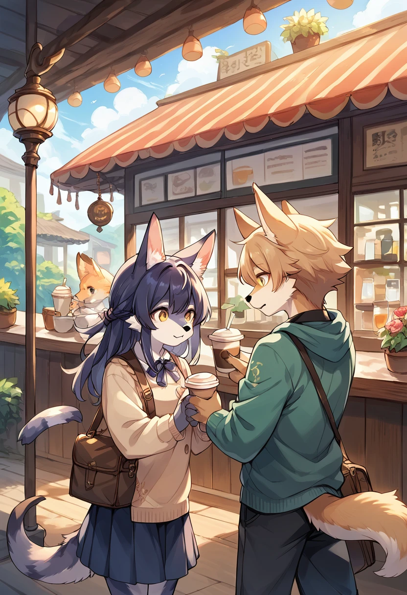 rating_safe, score_9, score_8_up, score_7_up, score_6_up, score_5_up, score_4_up, hires, source_furry(kemono, boy, girl)cafe Terrace, drink, coffee, staff,