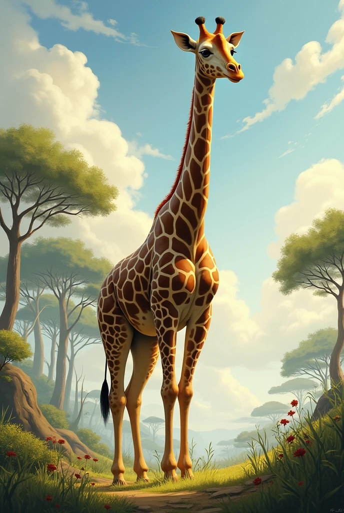 There is a giraffe walking on a dirt road next to a tree, girafe, Girafe debout sur le toit, long cou, Faire une pose majestueuse, Photographie de zoo, En Afrique, Debout triomphant et fier, Girafes, Portrait de Tall, Giraffe head and giraffe body, Faire une pose majestueuse et chaude, very long neck, Beautiful painting of a great, longs