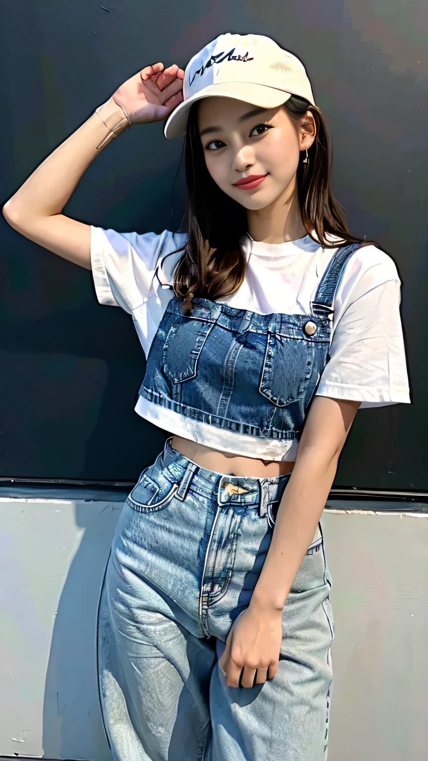 (Highest quality, 8k, 32K, masterpiece, Ultra-high resolution: 1.2), 1 person, Beautiful Japanese Women,(Teenage models),(Fashion Portrait),Damaged Denim Wide Pants, White cropped top,Beige baseball hat,White sneakers, (Cute pose: 1.2), Beautiful Face, (Smile at someone you like), Summer blue sky