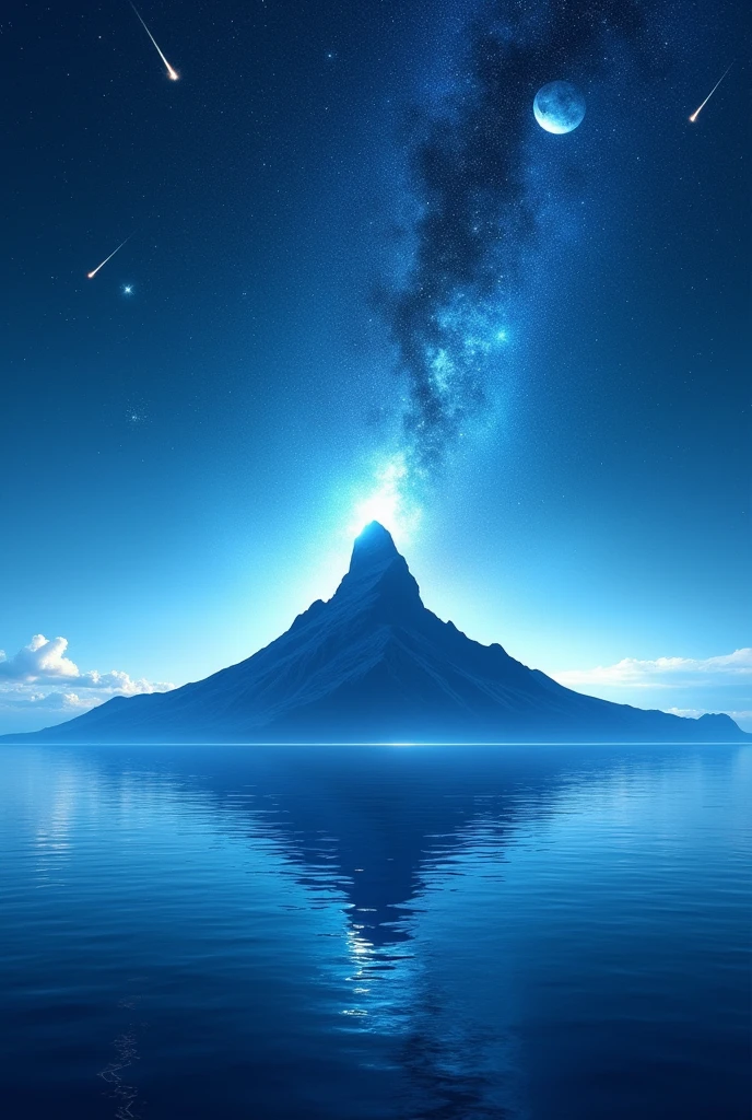 best quality, highres, background photo, landscape, mountain, ocean, blue background, gradient blue background, in the ocean, in the space, with a moon, surrounded by stars and a meteor shower, with a planet, with a comet, with a black hole, with a galaxy, at night, at midnight, at dawn, at sunset