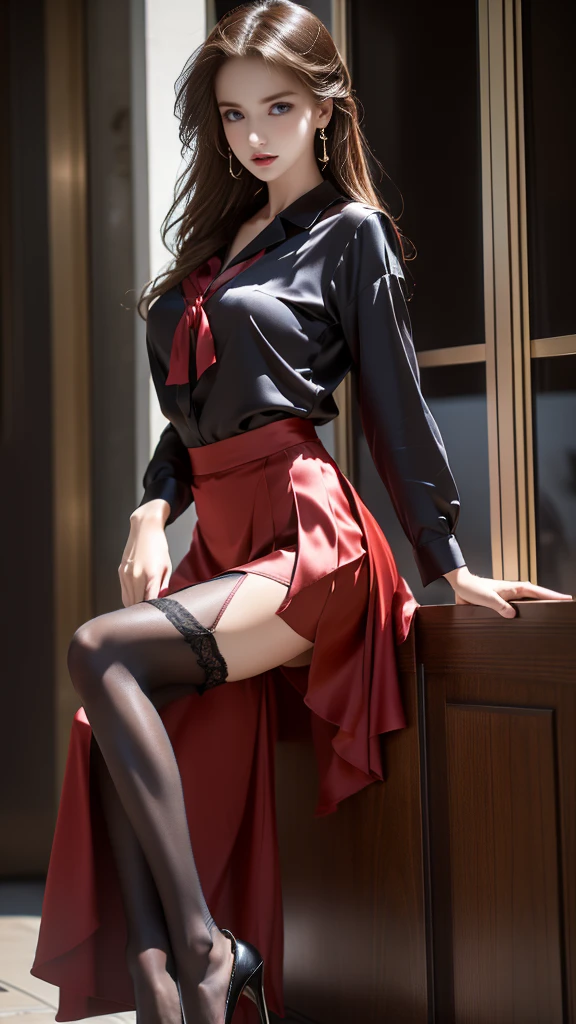 (Highest quality, masterpiece, Ultra-high resolution、8k), (Delicate face、Detailed eyes and face、Perfect Eyes、Lustrous red lips)、(Full Body Portrait)、 1 girl 、Slim and tall、Long thin legs、Dark brown hair , (Colorful collared shirts、Midi Skirt:1.2) , (silk pantyhose)、Large Breasts、Highly detailed face and skin texture、 (Modern architecture in the background)、Sitting in stiletto heels、(((Perfect Anatomy、Anatomically correct)))