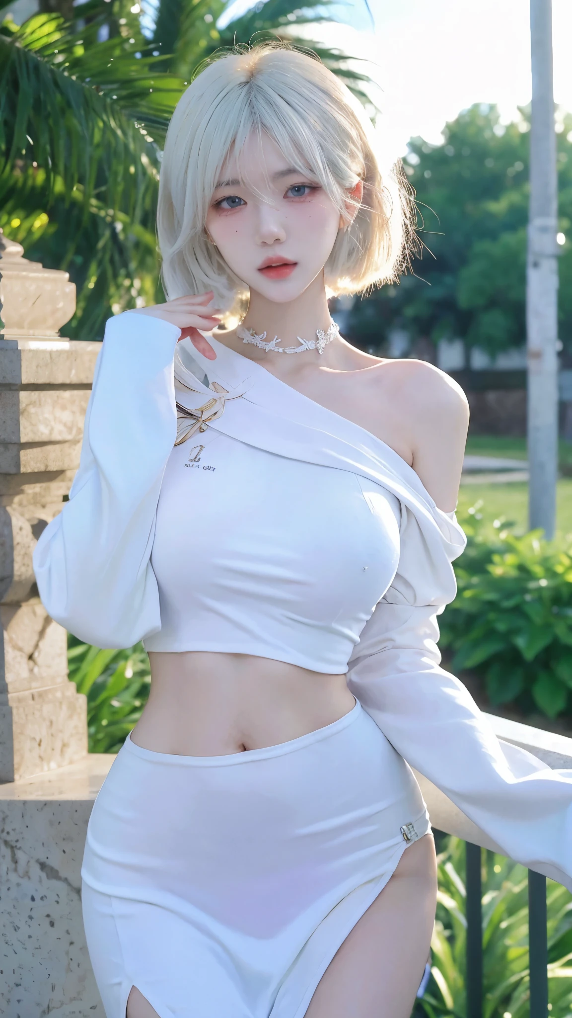 Beautiful woman with perfect figure:1.4,4K,Supermarket background,Big Breasts,cute,Ultra-high resolution,Seductive laughter,White legs,(Lifelike:1.4),Layered hairstyle,White skin,Dress outfit,whole body,Very delicate face and skin texture,Double eyelids,Skin Whitening,White hair,