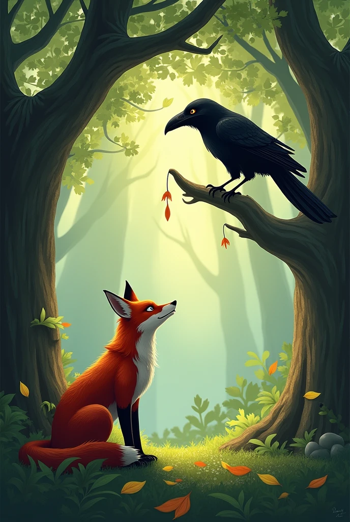 A fox standing under the tree and crow sitting on tree with a morsel in its mouth