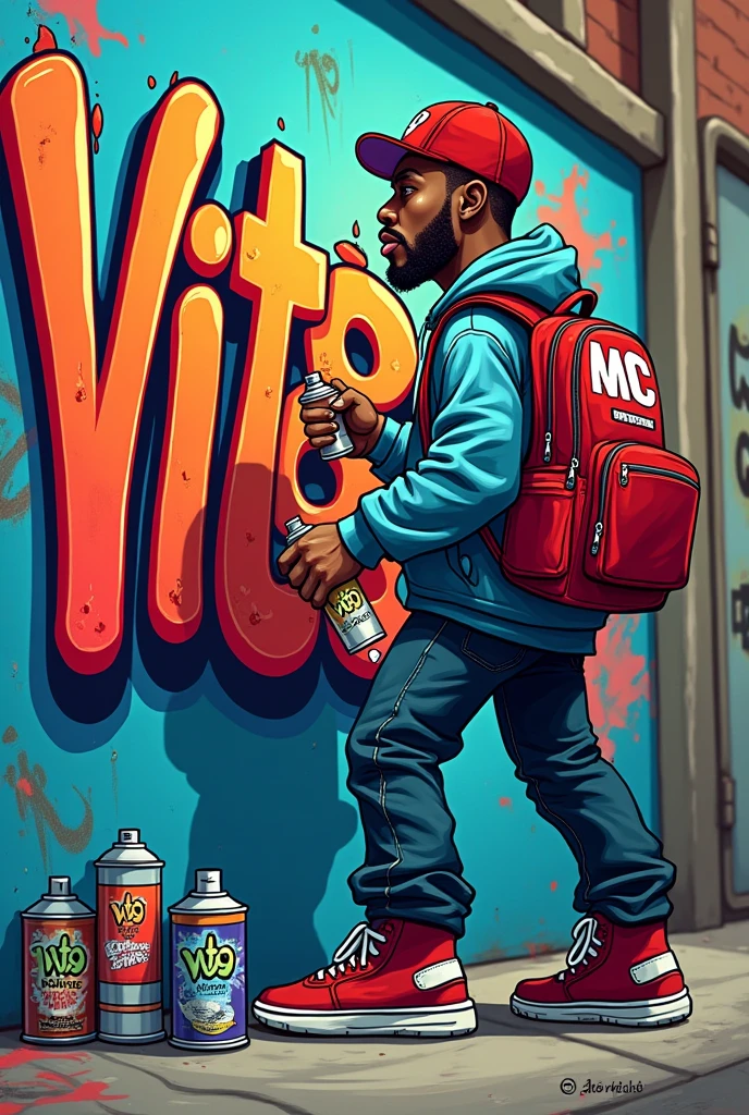 rapper doing graffiti carrying a backpack with paint cans and the backpack has Vito Mc written on it, cartoon graffiti letters that say Mr V