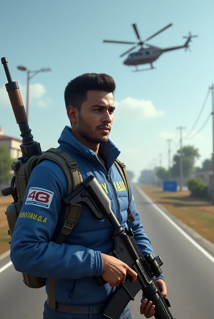 A make a hyper realistic image a  man playing pubg on roard the character wearing blue jacket , ajay yadav name on the jaket, the character holding m416 gum, wearing bag , helicopter in the sky , in background pubg 