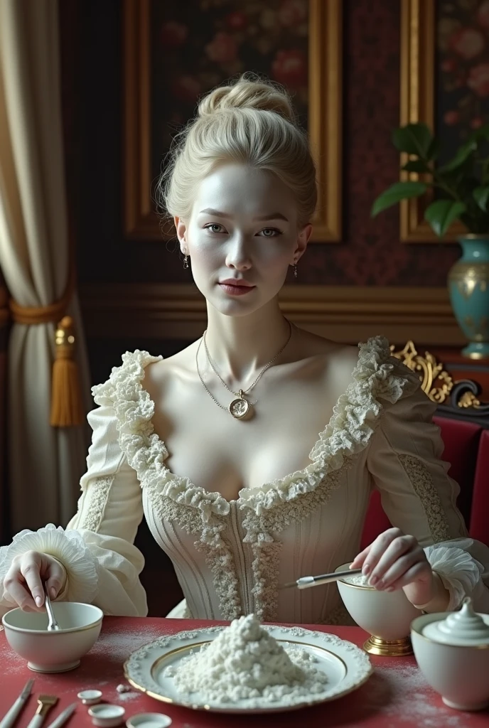 18th century used lead-based makeup to achieve a flawless, pale complexion ( create an image of 18th century where they are using lead based makeup to look beautiful, highlight the lead makeup)
