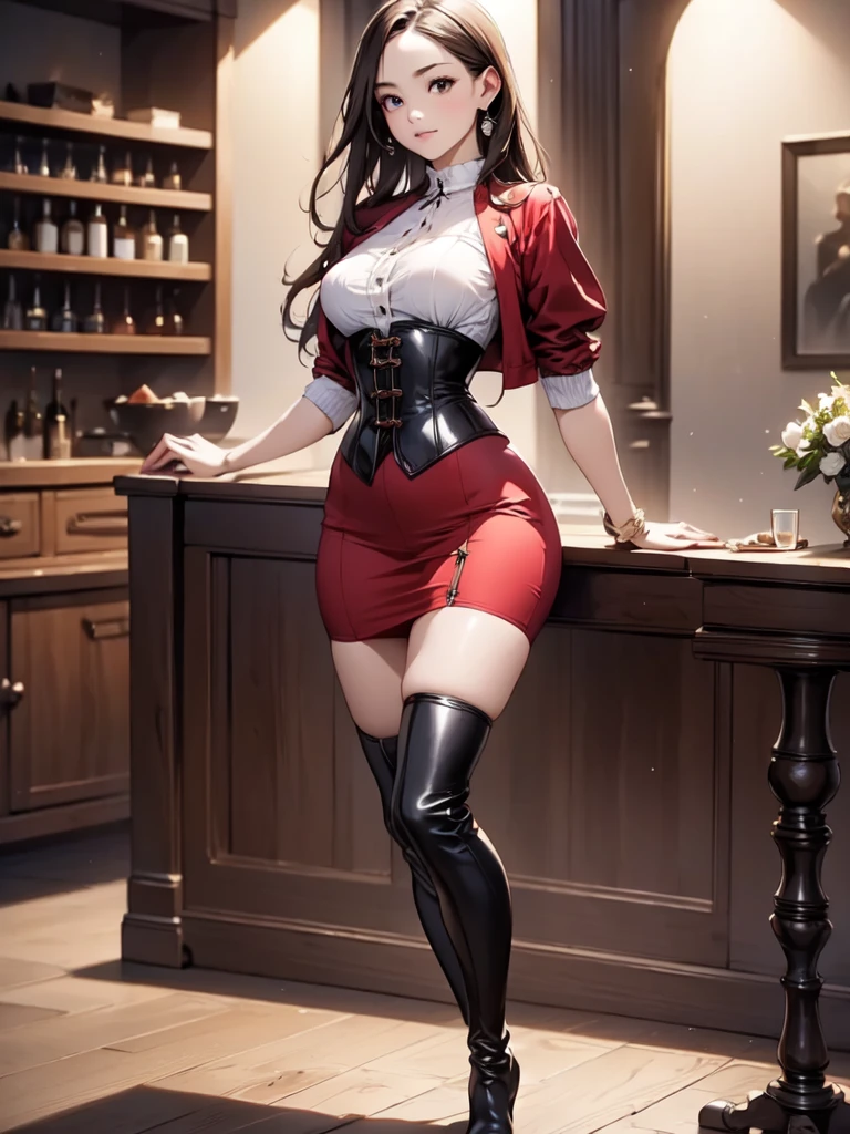 (masterpiece:1.3),(best quality, highest quality),((Full Body Shot,Including face)),1girl,Standing position,4K,masterpiece,((Focus on the face)),((Symmetrical facial features)),Beautiful woman,slender,Beautiful feet,((Thigh-high boots)),Detailed depiction of the face,bar counter,uniform,Realistic,profile,Corset standing diagonally,Long skirt,Red dress
