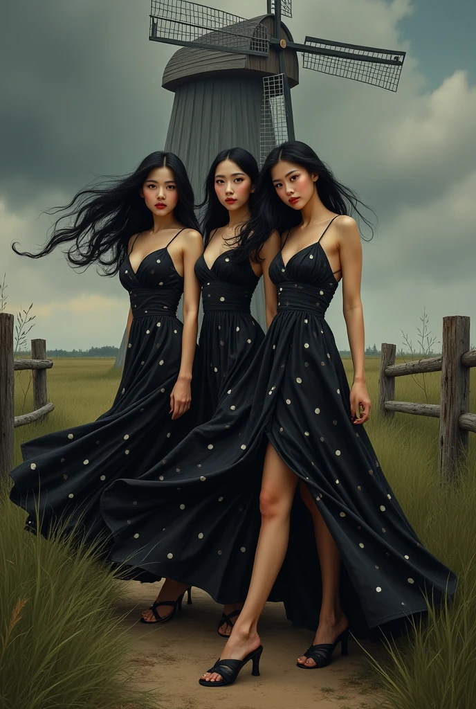 (Close-up of a better masterpiece:1.5)0.9], unique portrait, a 3 curvy Asian woman, with long wavy black hair, wearing a black polka dot dress, wearing black sandals, her clothes are seen blowing in the wind, standing in front of a large windmill, overgrown grass, wooden fence, dark clouds