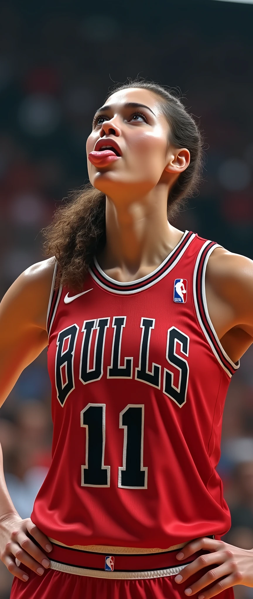 (masterpiece),(Highest quality),(Very detailed),(Ultra-high resolution),(Realistic:2.0),(RAW Photos:2.0),8k,wallpaper,(11 women:2.0),(Very beautiful woman:2.0),(Women basketball players:2.0),(Dribble past your opponent:2.0),(dynamicアングル:2.0),(Chicago Bulls uniform:2.0),(The woman is sticking out her tongue:2.0),(Serious:2.0),(Very detailed顔:2.0),(Very detailed手:2.0),(Detailed tongue:2.0),(Muscular:2.0),(dynamic:2.0),(Basketball court),(dynamic:2.0),(VFX:2.0.CG:2.0)