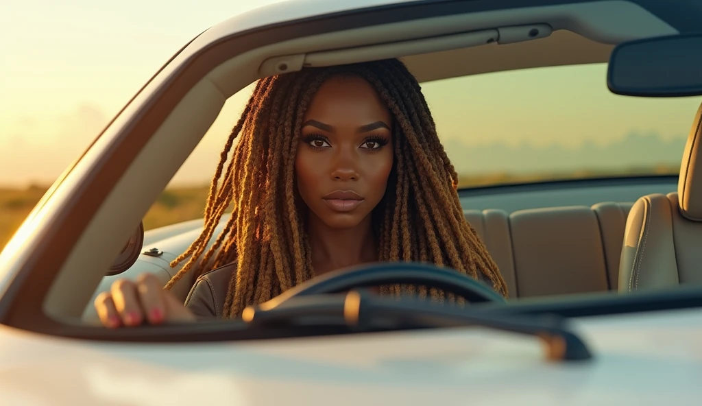 A stunningly beautiful dark skinned African American woman with long brown dreadlocks with highlights on the ends Driving a pearl white, sparkly Mercedes Benz on a beautiful summers day, looking at the camera in a sexy & sensual gaze, realistic, photorealistic