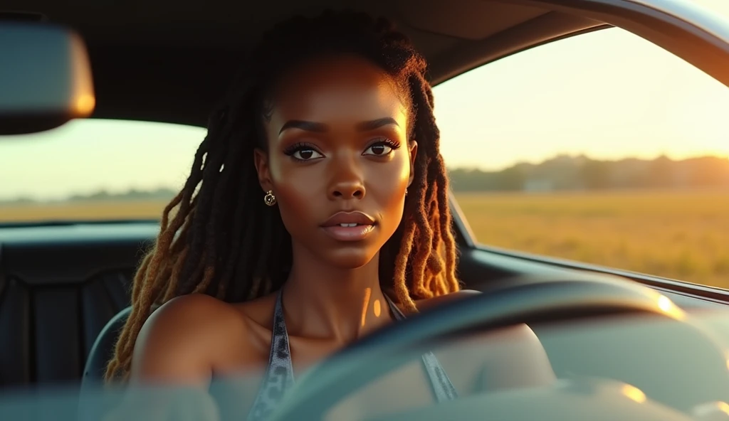 A stunningly beautiful dark skinned African American woman with long brown dreadlocks with highlights on the ends Driving a pearl white, sparkly Mercedes Benz on a beautiful summers day, looking at the camera in a sexy & sensual gaze, realistic, photorealistic