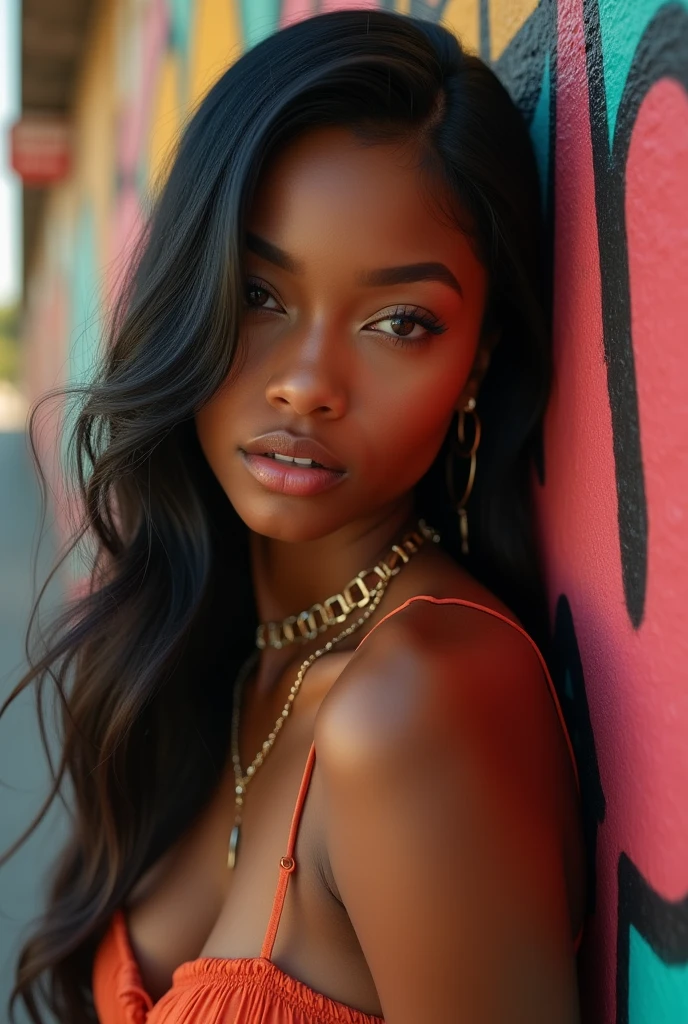 a realistic photo, hyper detailed, hdr definition, uhd photo realistic, 8k, a young African American woman, leaning against a wall with graffiti, straightened black hair, jewelry in her hair, brown eyes, sensual pose, warm, she has a gold necklace around her neck, she is wearing a light white dress, photo taken from the bottom up, there is a little wind which enlivens the scene, she looks at the lens the details of this scene make this photo a masterpiece