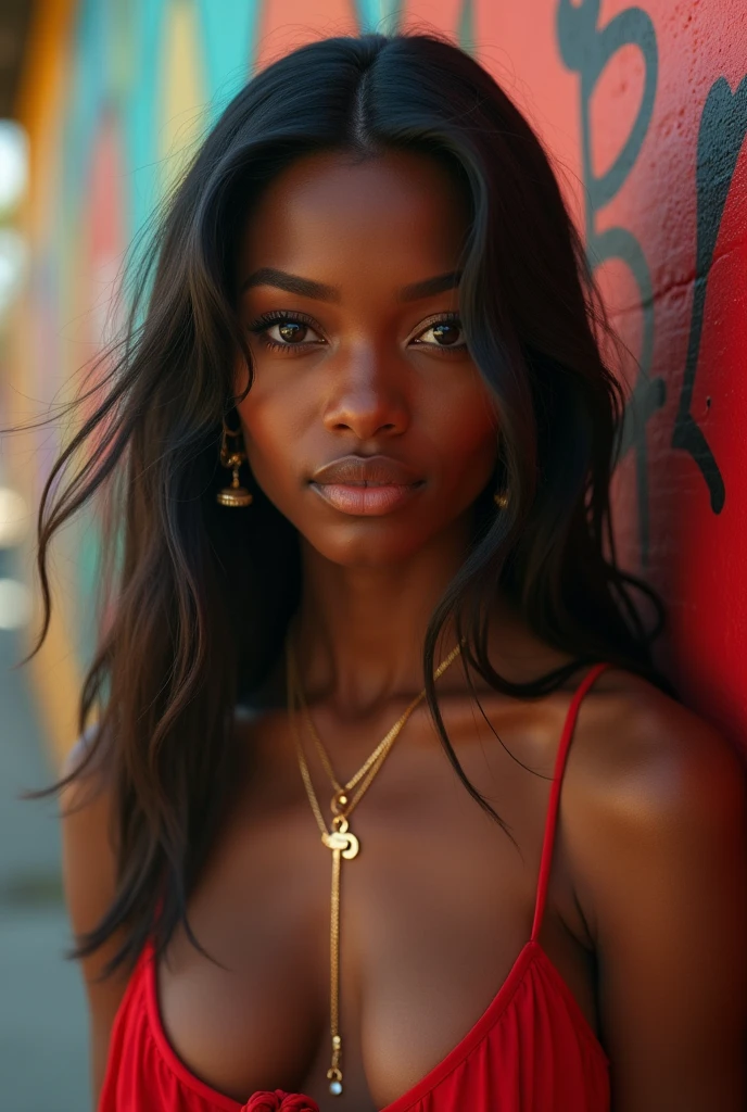 a realistic photo, hyper detailed, hdr definition, uhd photo realistic, 8k, a young African American woman, leaning against a wall with graffiti, straightened black hair, jewelry in her hair, brown eyes, sensual pose, warm, she has a gold necklace around her neck, she is wearing a light white dress, photo taken from the bottom up, there is a little wind which enlivens the scene, she looks at the lens the details of this scene make this photo a masterpiece