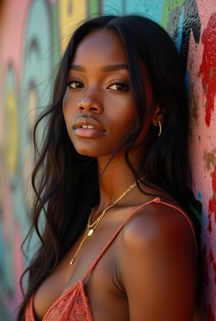 a realistic photo, hyper detailed, hdr definition, uhd photo realistic, 8k, a young African American woman, leaning against a wall with graffiti, straightened black hair, jewelry in her hair, brown eyes, sensual pose, warm, she has a gold necklace around her neck, she is wearing a light white dress, photo taken from the bottom up, there is a little wind which enlivens the scene, she looks at the lens the details of this scene make this photo a masterpiece