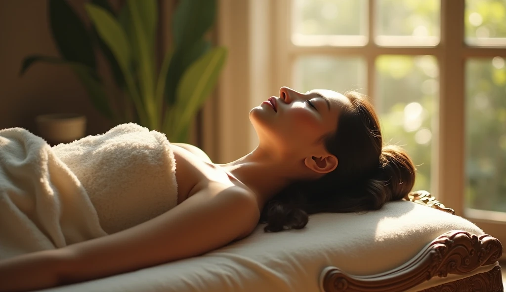 A serene woman awaiting relaxation at a massage table, soft natural lighting enhancing her calm expression, peaceful atmosphere, intricate details on the massage table, gentle shadows highlighting her silhouette --ar 9:16 --stylize 100 --no