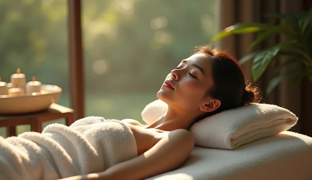A serene woman awaiting relaxation at a massage table, soft natural lighting enhancing her calm expression, peaceful atmosphere, intricate details on the massage table, gentle shadows highlighting her silhouette --ar 9:16 --stylize 100 --no 