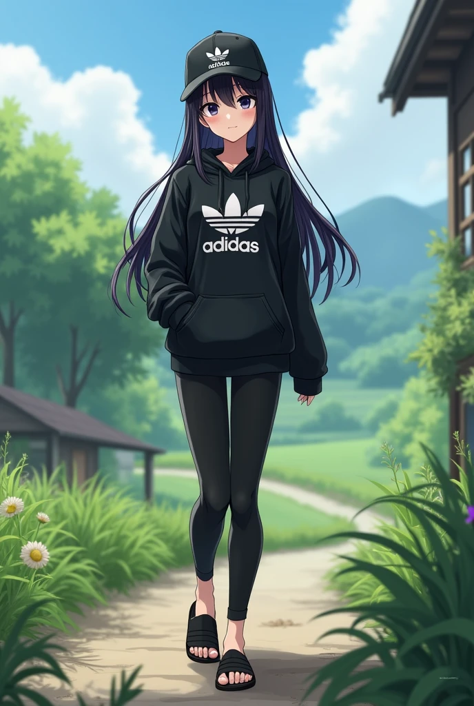 (photorealism:1.2), beautiful anime girl, black hair, wear black adidas slippers, black eyes, barefoot, wear black adidas cap, wear black adidas hood, wear black adidas leggings, background is countryside