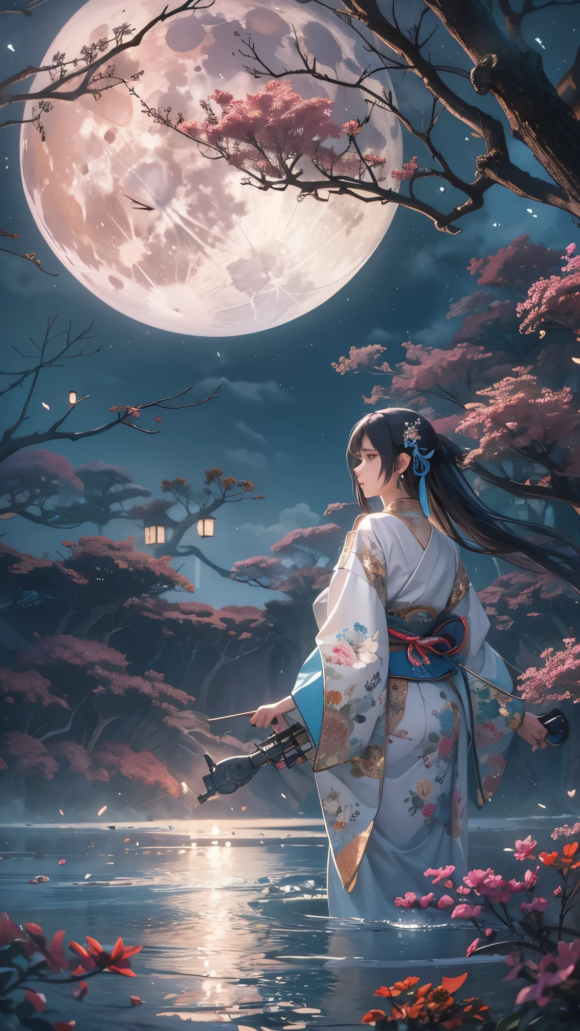 ((Highest quality)),(Ultra-high resolution),(Super detailed),(Detailed Description),((The best CG)),(masterpiece),Highly detailed art,(Art with precise detail:1.5), Mid-Autumn Moon:1.6, Tsukimi sake:1.3, Calm atmosphere:1.8,