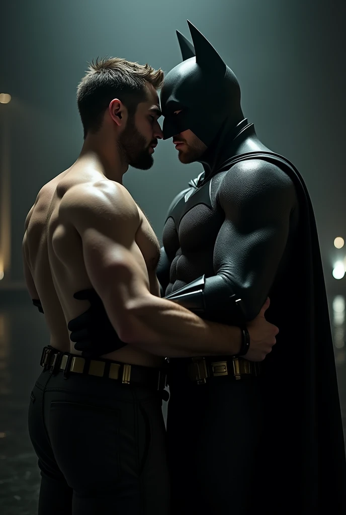 Create Robert Pattinson and Batman kissing shirtless