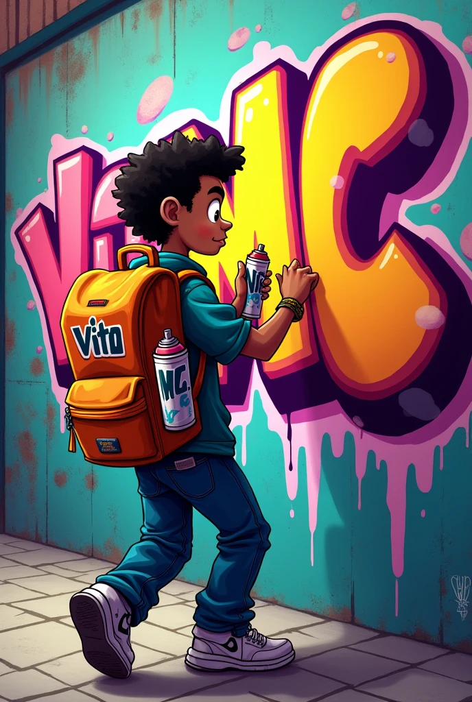 rapper doing graffiti carrying a backpack with paint cans and the backpack has Vito Mc written on it, cartoon graffiti letters that say Mr V