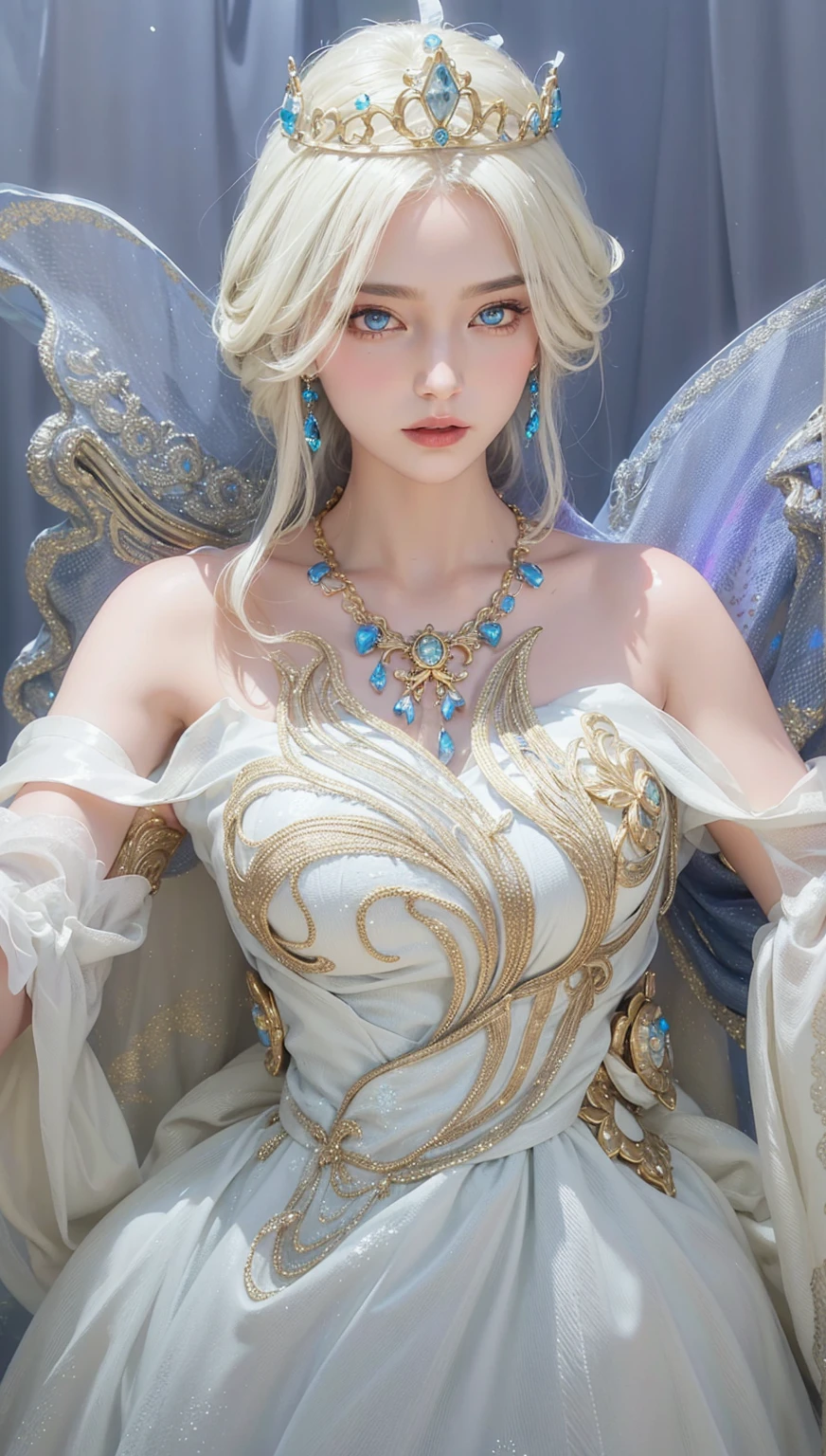 Royal sisters,Exquisite eyes,Frozen Queen,Put the crown on your head,Detailed facial expressions body,Tall and big,Glamorous characters,Leg length,4K,HD,Sensual,White translucent lace,白皙full image,Little cherry mouth,Beautiful and lovely,full image,Glossy Gel Coat,Vampire Queen in luxurious robes,Have a tattoo(Intricate tattoo designs),Ice Princess,Rich facial details,Angel,Eyes are blue(Pupils as deep as the starry sky),Silk printed clothes,Necklace gold,Jewel headdress,The Queen wears the most gorgeous dress in the universe