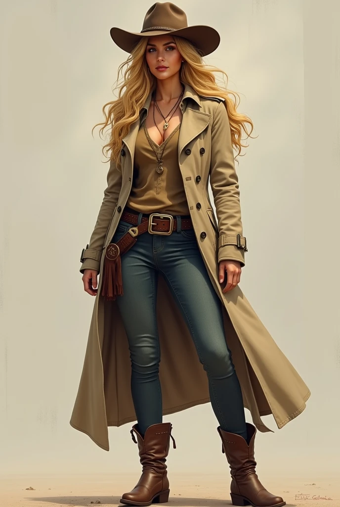 American Woman blond Long hair and Boots in beige Trenchcoat and Cowboy hat Full Body View 
