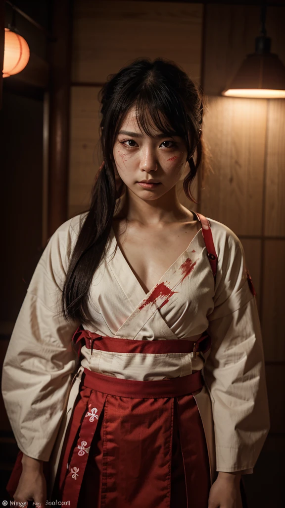 A cute girl wearing typical red Japanese kemono with traditional Japanese katana 4k details in a lift high camera angle dark theme background blood shedding on lift walls and some on face text on background written AYUSU PICTURES 