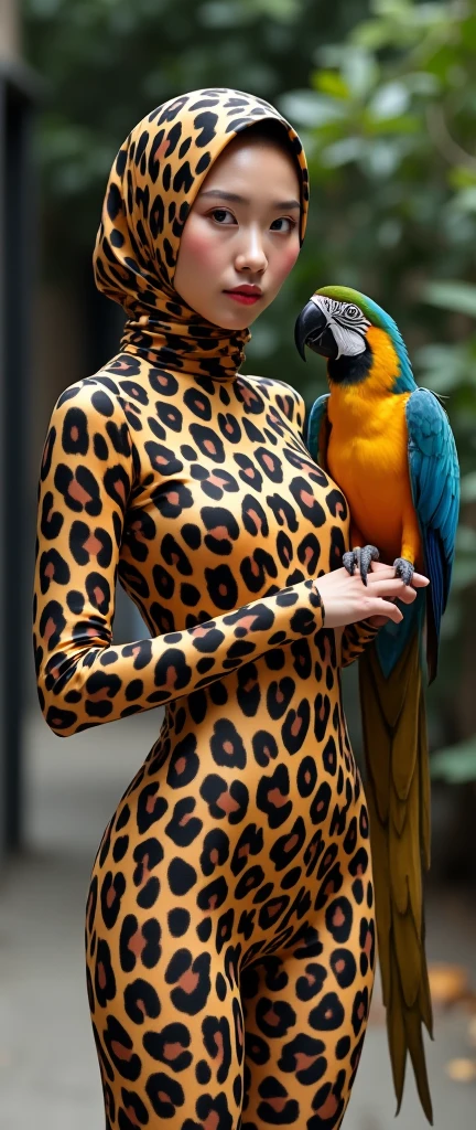The beautiful,slender thin and clever Malaysian muslimah adult female girl with beautiful cheeks wears brown leopard print costume lycra turtleneck unitard catsuit covered with seamless spotted patterns and always wear brown leopard print lycra elastane stretchy dancewear hijab covered with seamless spotted patterns.She handles a macaw parrot on her hand.