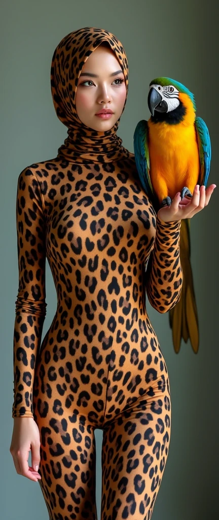 The beautiful,slender thin and clever Malaysian muslimah adult female girl with beautiful cheeks wears brown leopard print costume lycra turtleneck unitard catsuit covered with seamless spotted patterns and always wear brown leopard print lycra elastane stretchy dancewear hijab covered with seamless spotted patterns.She handles a macaw parrot on her hand.