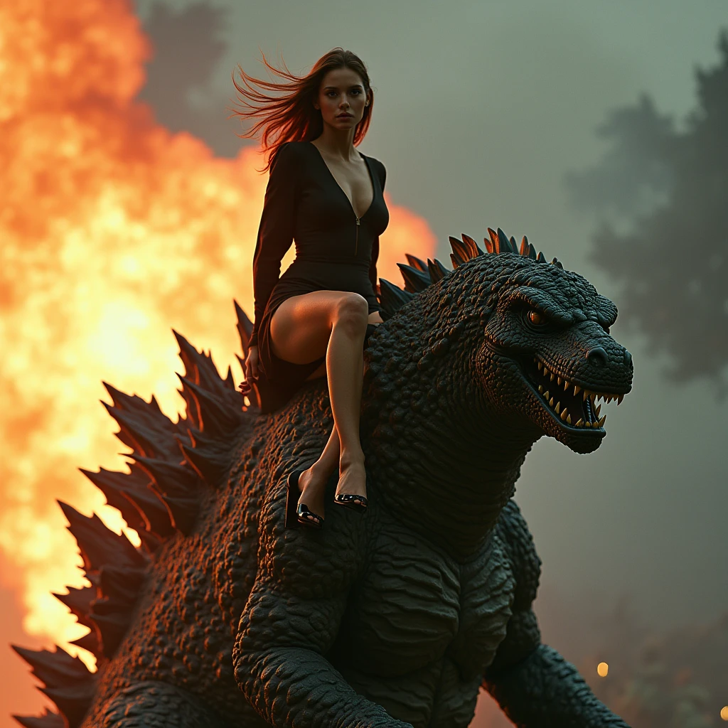 A beautiful busty French fashion model rides on the monster Godzilla、At a powerful angle、Dynamically、A closer shot、She is looking seductively at the camera、Godzilla is looking at us, blowing radioactivity from his mouth.、Canon Eos 24mm, In detail、4K, 8k,