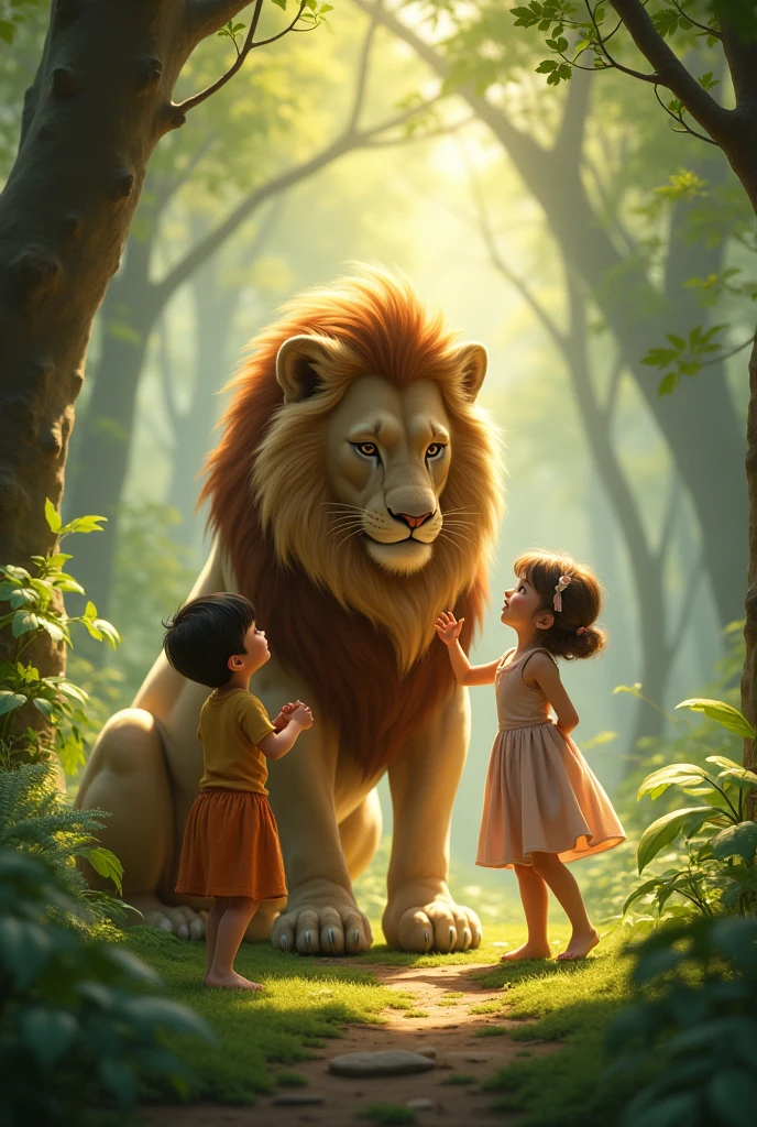 Make a pic of two small children meeting a lion in the forest. and the lion befriends it