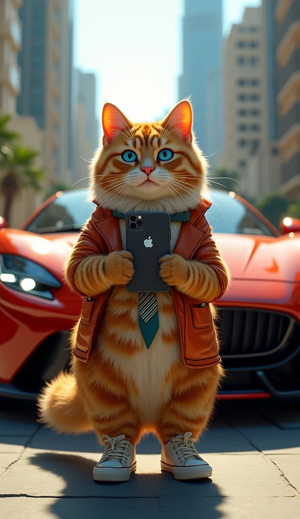 Make a picture of a fat orange cat with blue eyes, flat nose, facing the camera, wear cool clothes, sports shoes and tie, ditangan membawa iphone, standing in front of a luxury car with a background of luxury urban buildings, Wide, full body, 8k super realistic