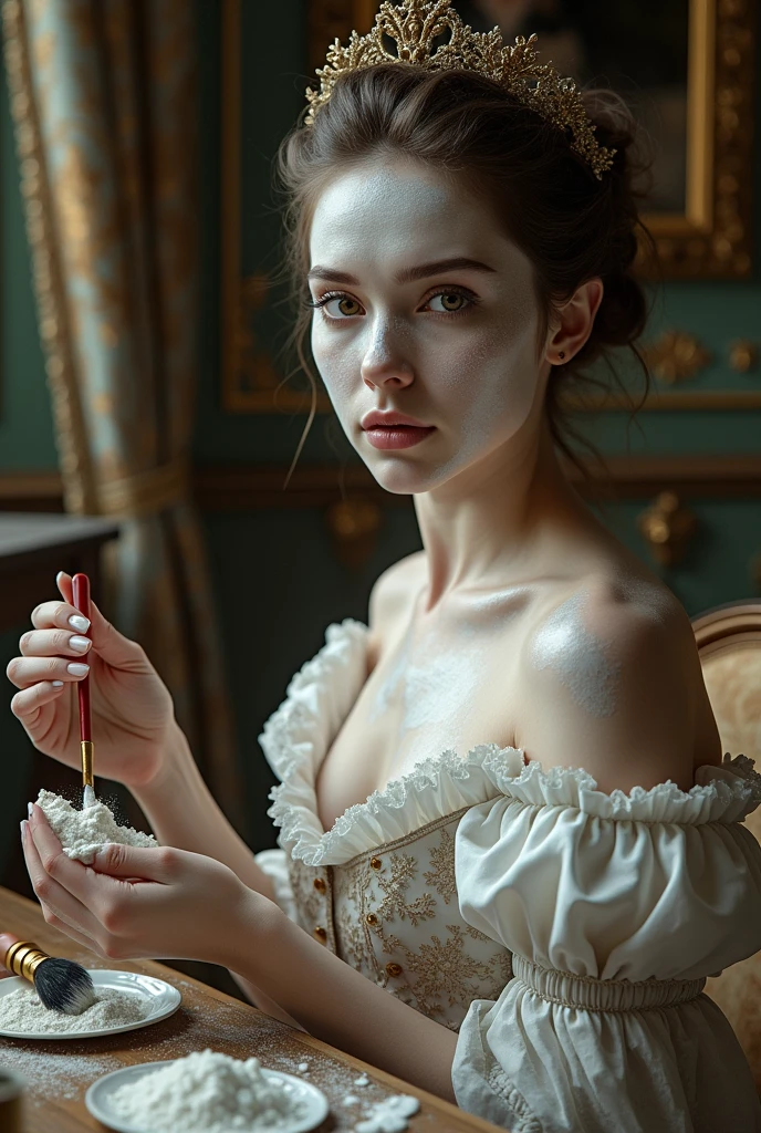 18th century used lead-based makeup to achieve a flawless, pale complexion ( create an image of 18th century where they are using lead based makeup to look beautiful, highlight the lead makeup)