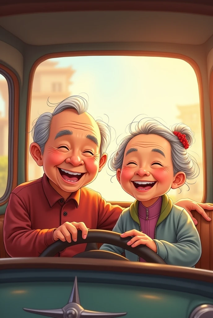 Asian Chinese old couple in cute cantoon both must grey hair driving