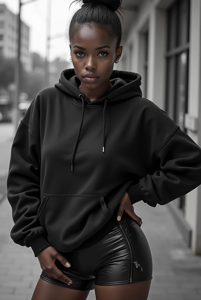 black woman hair in a bun black hoodie black leather short shorts old ugly woman in a jogging suit holding squeezing her ass