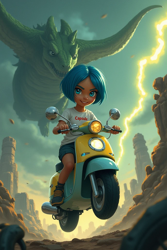 20 year old Javanese girl. The face is quite round .beautiful face.Brown skin.short bob hair. Bright blue hair. Blue eyes. White shirt with capsule written on it. Appearance like dragonball bulma. Riding a futuristic scooter that floats. Set in the age of the dinosaurs. There is a green dragon flying behind him.. Dark sky with yellow lightning flashing.