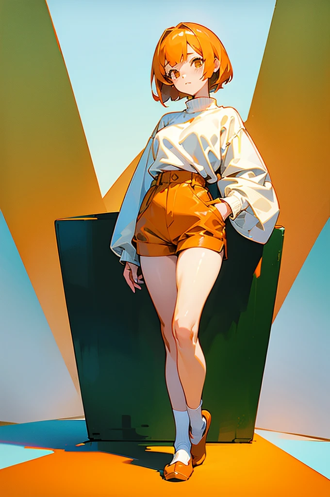Highest quality　masterpiece　Super detailed　An illustration　Girl　tall　Orange short bob　Small breasts　Oversized cream off-white sweater　Moe sleeves　No pants　No socks　Inner thighs　Orange slippers　whole body　front　Character portrait　