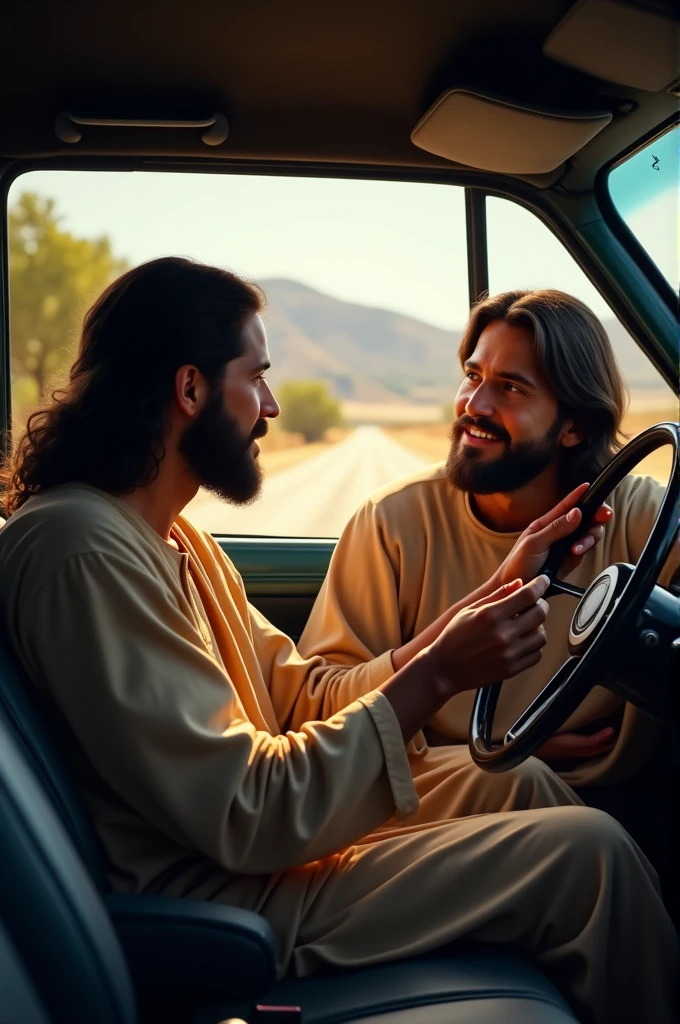 Two people were traveling in a car, one of them was driving the car and Jesus Christ was sitting on the seat next to him and he was explaining to him.