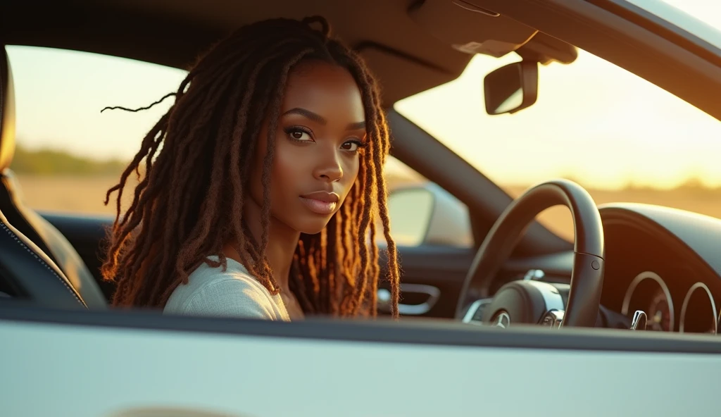 A stunningly beautiful dark skinned African American woman with long brown dreadlocks with highlights on the ends Driving a pearl white, sparkly Mercedes Benz on a beautiful summers day, looking at the camera in a sexy & sensual gaze, realistic, photorealistic