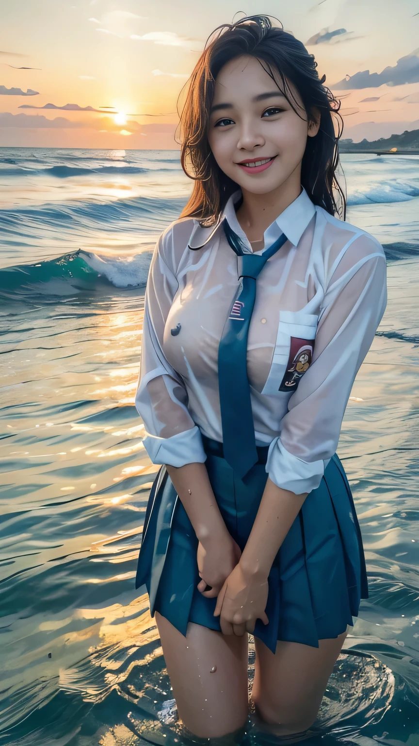 20 yo Indonesian girls in school uniforms playing in the water, at the beach, sunset, twilight hour, magic hour, wet sand, waves, long sleeves, 2 girls, (cardigan), ((loose tie)), ((pleated skirt)), closeup fantasy with water magic, beautiful maidens, playful, (splashing) wearing a skirt made of water, cleavage, photorealistic, dripping wet, in water up to their shoulders, beautiful realistic photo, nymph in the water, hyperrealist portrait at seaside, hyperrealistic fantasy photo, splashing,  playing with each other, cute shot, narrow depth of field, 8k,  ((drenched)), ((soaked)), (dripping water), dripping oil, heavy clothes, soaked in oil, wet all over, rouge lipstick, wet dripping hair, varied hair, smiling, ((see throug, varied poses, tropical beach