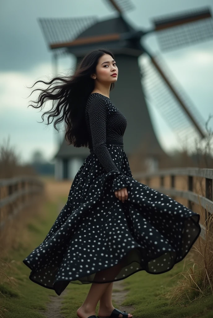 (Close-up of a better masterpiece:1.5)0.9], unique portrait, curvy Asian woman, with long wavy black hair, wearing a black polka dot dress, wearing black sandals, her clothes are seen blowing in the wind, standing in front of a large windmill, overgrown grass, wooden fence, dark clouds