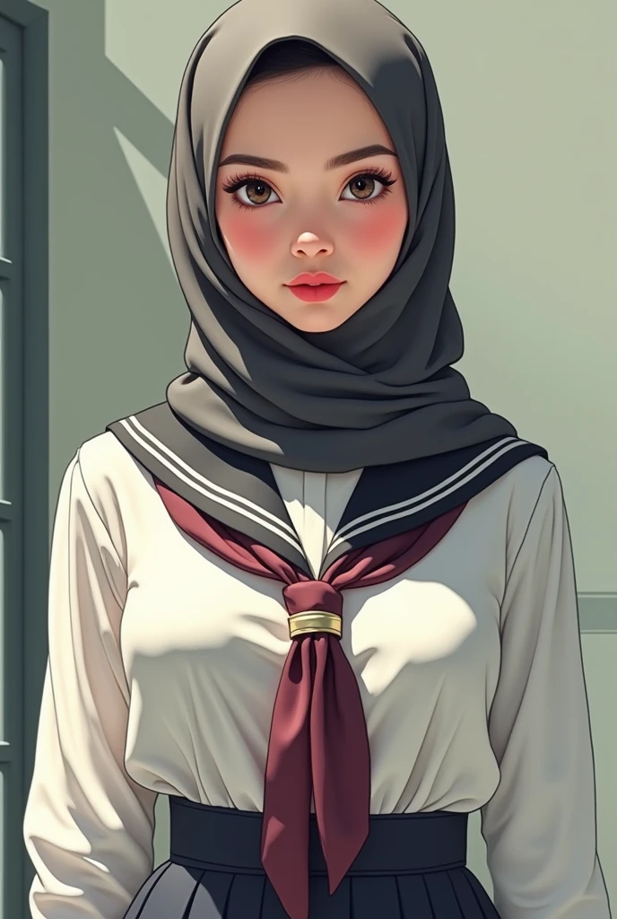Hijab Malaysian girl student sexy in school uniform wearing bra