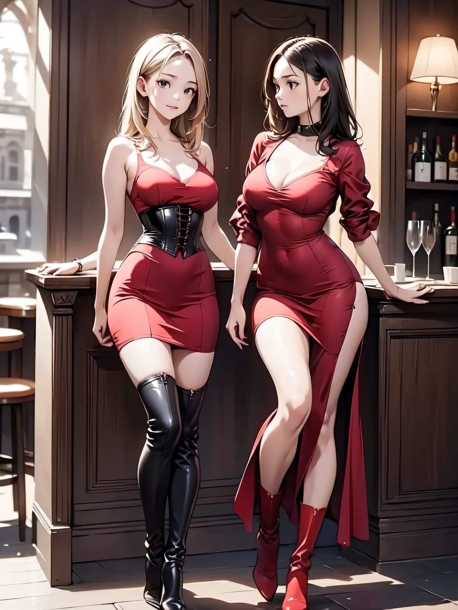 (masterpiece:1.3),(best quality, highest quality),((Full Body Shot,Including face)),1girl,Standing position,4K,masterpiece,((Focus on the face)),((Symmetrical facial features)),Beautiful woman,slender,Beautiful feet,((Thigh-high boots)),Detailed depiction of the face,bar counter,uniform,Realistic,profile,Corset standing diagonally,Long skirt,Red dress