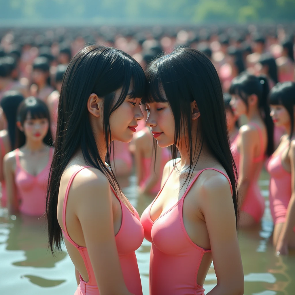 (((((Japanese Clone-girls=Myself))))), (((Super Best masterpiece Clone-girls Raw Photography Art))), (((16K, Highest quality, Ultra-high resolution, RAW Photos))), (((It's so unrealistic., With unparalleled depiction, With an unfathomable sight, An unprecedented and shocking worldview, Clone-girls: In a world of mass reproduction, Ultra-realistic))), (((Japanese Girls, Sasaki Nozomi, 28yo, Small face, Thick black hair, Medium to long hair, Dark Eyes, Mature face, Cute Smile, Smiling face, A gentle gaze, (((Very happy laughter)))))), (((Very beautiful detailed girls, Accurate body structure, Accurate body movements, Very detailed body, (((Super big breasts, Large bulge of ample breasts)))))), (((Pink swimsuit, Cleavage Emphasis, Emphasise the fullness of your breasts))), ((((((((Very detailed, Myself cloning, Depiction of splitting oneself, 1Myself girl→1,000,000,000,000,000,000,000,000,000,000Myself cloning girls)))))))), (((((((Myself clone-girlsから, Myself keeps multiplying, (Very detailed and intricate, To the exact, Flawless, (((In the same female body,With the same face, With the same hairstyle, In the same clothes, At the same height, 同じSuper big breastsである))), In a detailed depiction), 1,000,000,000,000,000,000,000,000,000,000 people))))))), (((((Myself girls only))))), (((((1,000,000,000,000,000,000,000,000,000,000Myself girls))))), (((((Very detailed depiction, Multiple or more Myselves, Physical contact, Pleasant conversation, Holding hands, Hug, walk, Turn around, Shift your gaze))))), (((Very detailed, Extremely crowded, Body-to-body contact with no gaps))), (Bright and soft light), (((((Clear and accurate perspective depiction, super wide view, Ultra-wide field of view, Focus on the average value of the image))))), (とてもIn a detailed depiction, It's all a crowd of myself, Having fun at the water's edge, Soaking wet, (((A scene of looking up at the whole body from the water surface near the crotch of Myself, Low-angle shooting depiction, It's like a giant self))))