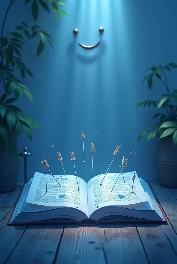 In a quiet room, a book takes center stage. Arrows and targets on book pages symbolize the achievement of a meaningful goal. The sweet smile on the wall near the books seems to give its own blessing for this achievement, creating a calm and passionate atmosphere. the dominant color must be blue
